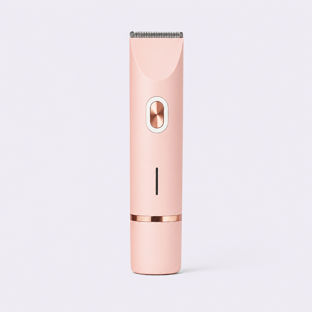 A sleek, handheld electric hair trimmer in a pastel pink color with rose gold metallic accents, shown vertically against a light gray background.