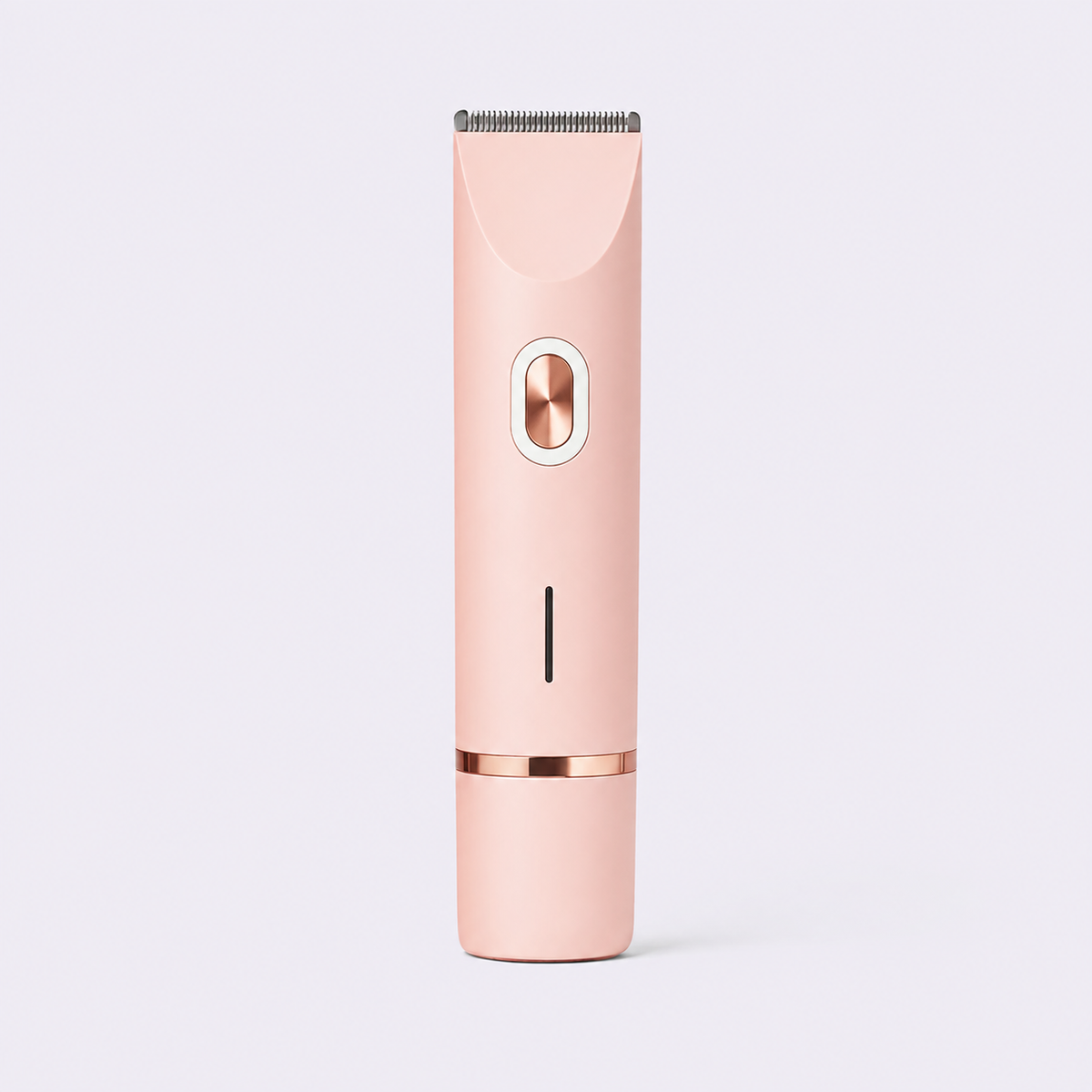 A sleek, handheld electric hair trimmer in a pastel pink color with rose gold metallic accents, shown vertically against a light gray background.