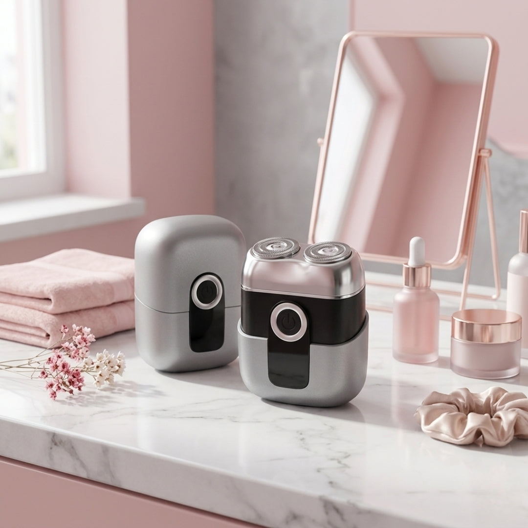 SmoothGo™ Portable Hair Remover with protective travel case displayed on a vanity countertop