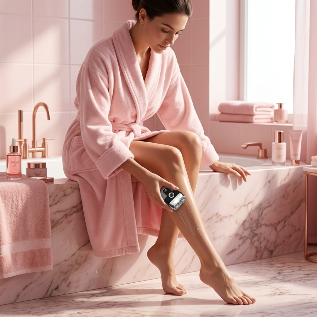 SmoothGo™ Portable Hair Remover with protective travel case displayed on a vanity countertop