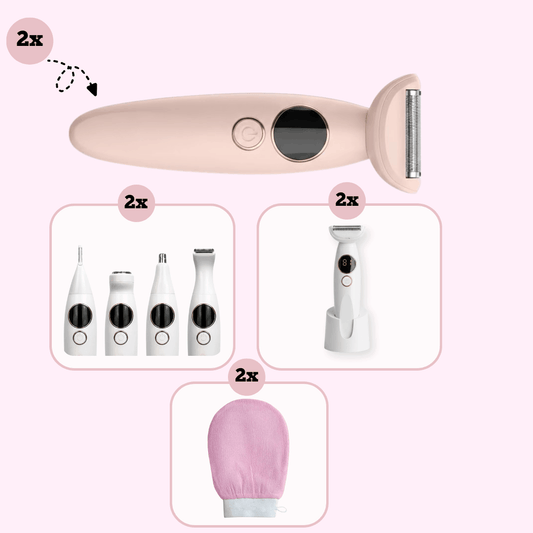 SmoothShave™ Pink Razor 2.0 Sister Pack Deal featuring two pink electric razors for gentle body and bikini hair removal with a matching gift set.