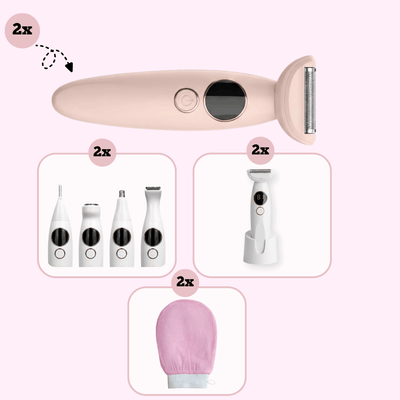 SmoothShave™ Pink Razor 2.0 Sister Pack Deal featuring two pink electric razors for gentle body and bikini hair removal with a matching gift set.