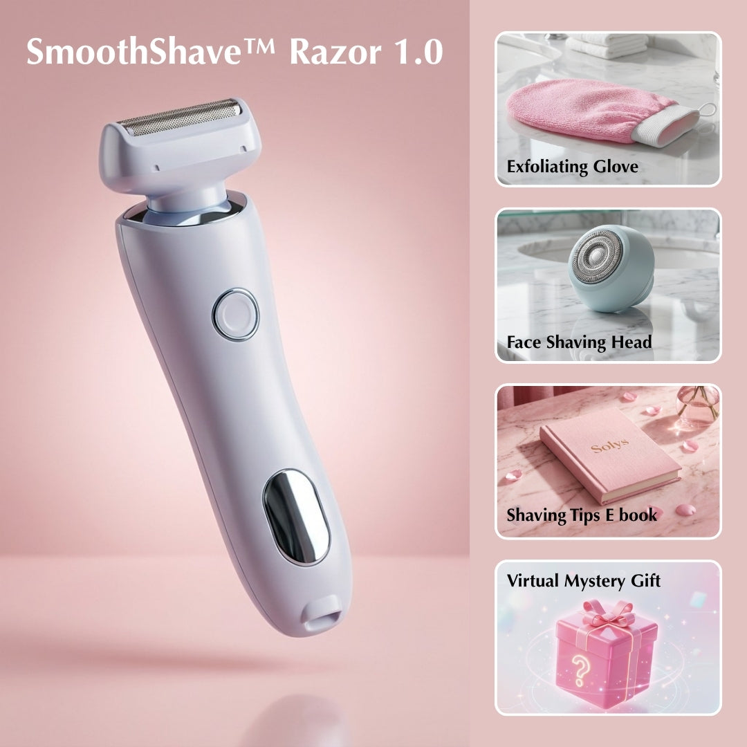 SmoothShave Razor 1.0 with additional products on a pink background