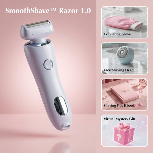 SmoothShave Razor 1.0 with additional products on a pink background