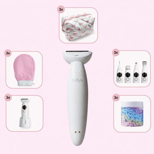 SmoothShave™ Razor 2.0 Everything Bundle with electric razor, bikini and body trimmer, exfoliating glove, shave butter, travel pouch, and shower cap.