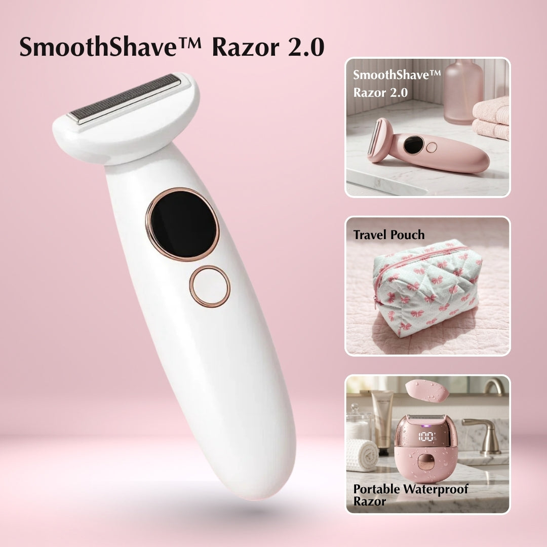 SmoothShave Razor 2.0 with travel case and portable packaging on a pink background