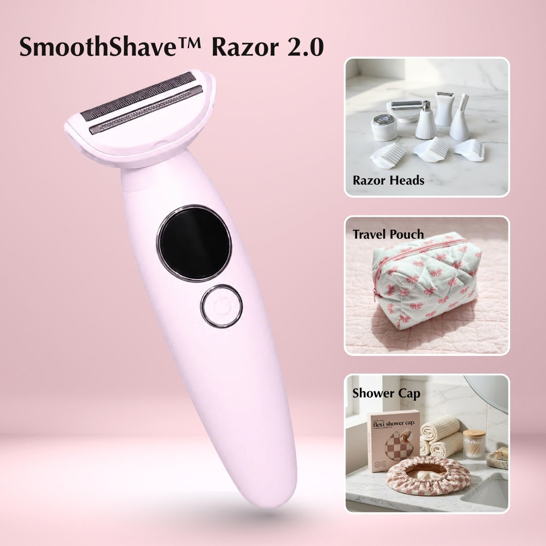 SmoothShave™ Razor 2.0 PLUS electric body razor bundle with travel pouch, shower cap, and razor attachments